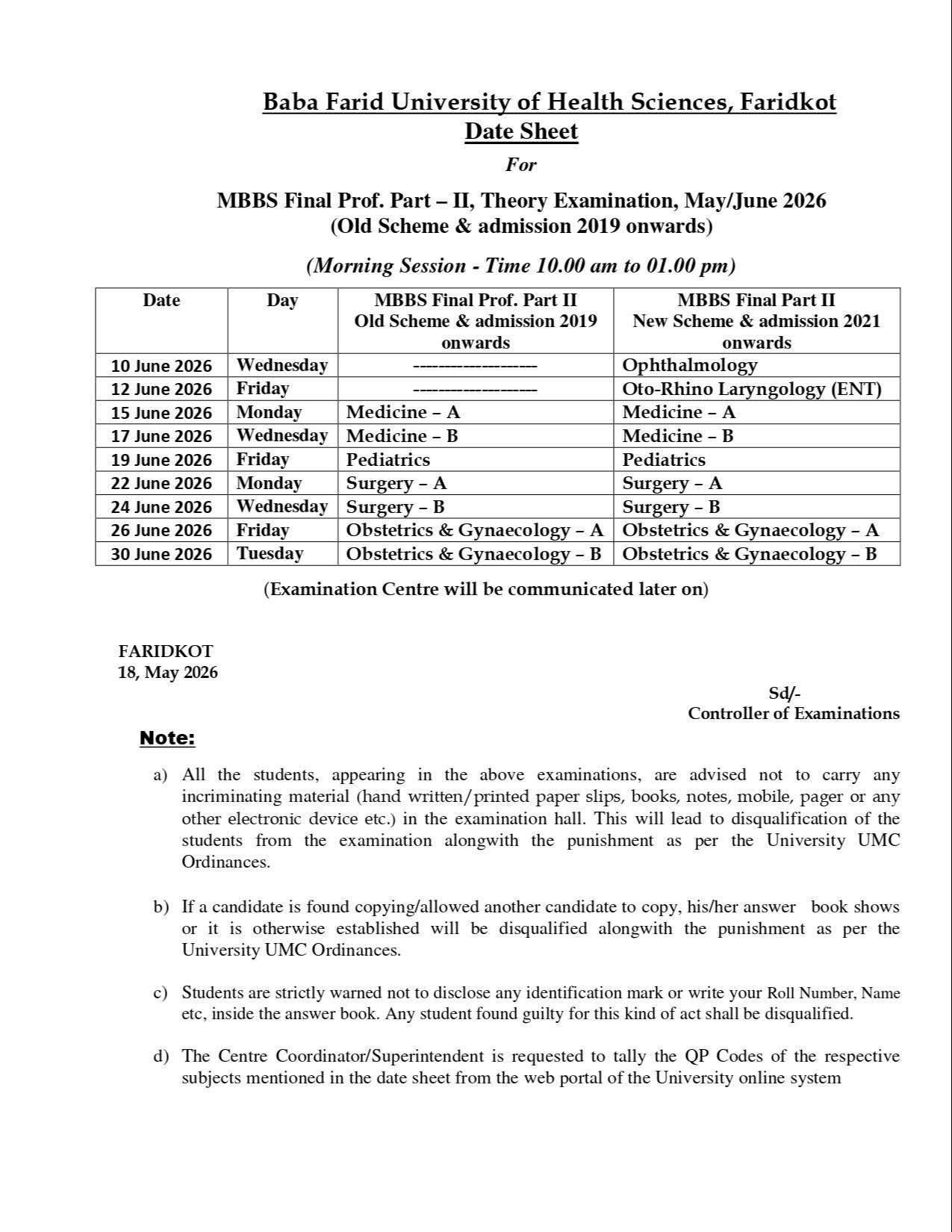 Exams/Test Schedule